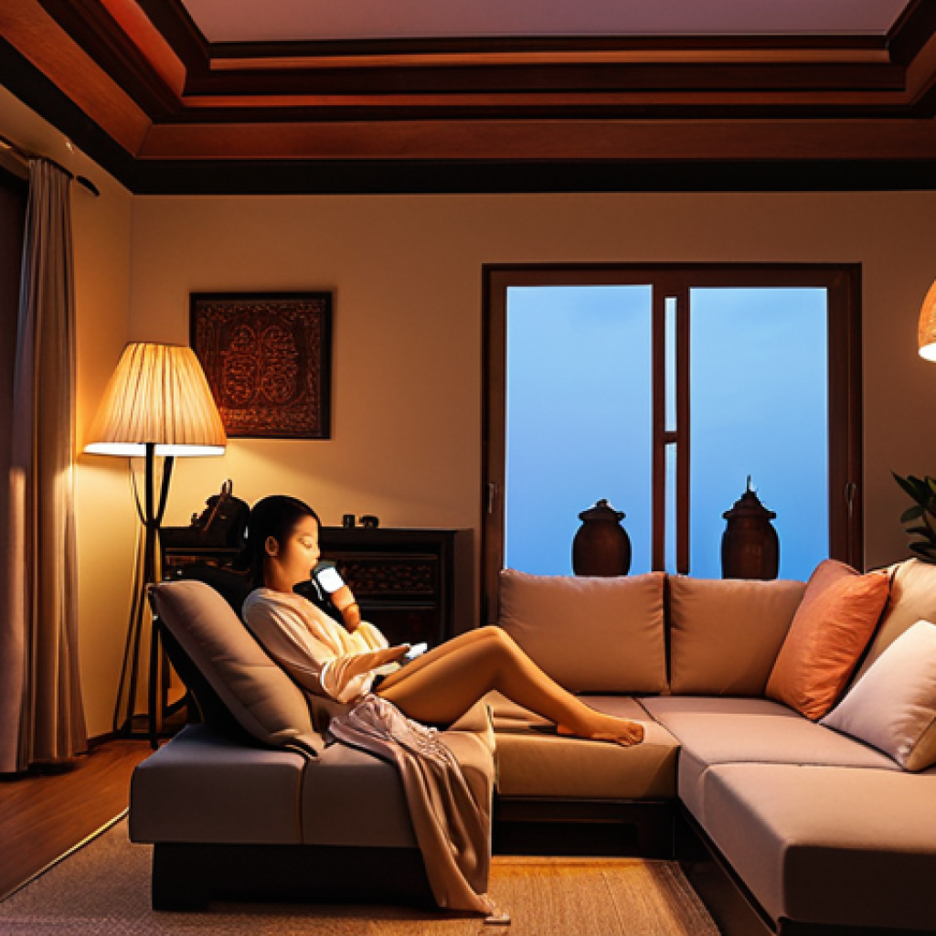 ** A modern Thai home interior at dusk, featuring smart lighting. Soft, adjustable smart bulbs illuminate a living room with Thai-style décor. A woman is relaxing on the sofa, controlling the lights with her smartphone. The overall ambiance is comfortable and energy-efficient.

**