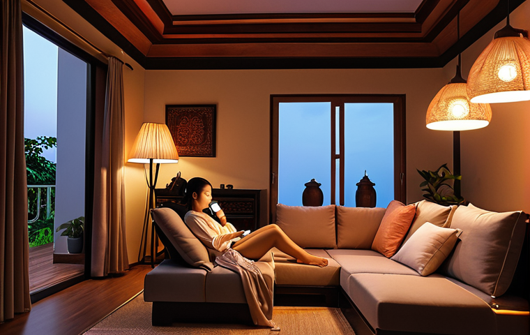 ** A modern Thai home interior at dusk, featuring smart lighting. Soft, adjustable smart bulbs illuminate a living room with Thai-style décor. A woman is relaxing on the sofa, controlling the lights with her smartphone. The overall ambiance is comfortable and energy-efficient.

**