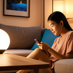 **A modern Thai home interior featuring a person relaxing on a sofa. The scene showcases the warm glow of smart bulbs with customizable colors, creating a cozy and inviting atmosphere. A smart speaker sits on a nearby table, and a smartphone displays a smart home control app.** (Focus: Comfort, Smart Lighting, Smart Speaker)