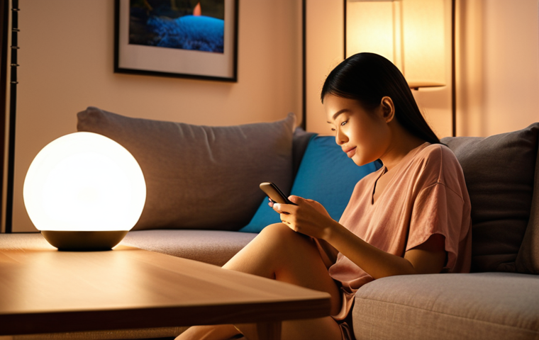 **A modern Thai home interior featuring a person relaxing on a sofa. The scene showcases the warm glow of smart bulbs with customizable colors, creating a cozy and inviting atmosphere. A smart speaker sits on a nearby table, and a smartphone displays a smart home control app.** (Focus: Comfort, Smart Lighting, Smart Speaker)