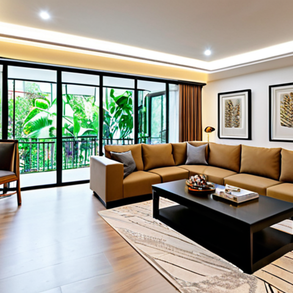 **
"A modern, fully furnished living room in a Thai home, featuring smart lighting controlling the ambiance, family-friendly atmosphere, safe for work, appropriate content, fully clothed family members enjoying the space, professional interior design photography, perfect anatomy, natural proportions, well-lit, modest decor."
**