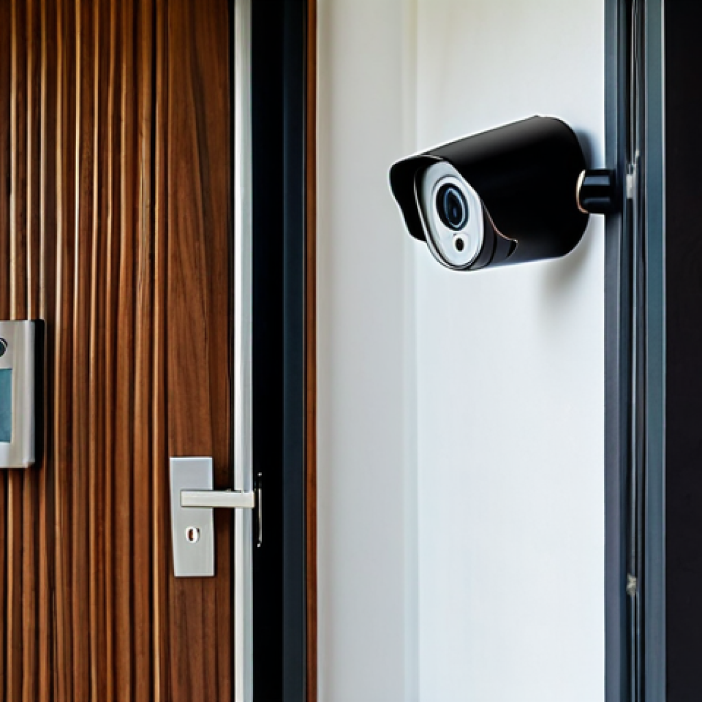 Smart Home Security Setup**
"A modern Thai home's entryway, showcasing a smart lock on the wooden door and a security camera discreetly mounted above, appropriate attire, professional, safe for work, fully clothed, well-lit, natural pose, perfect anatomy, correct proportions, family-friendly, warm and inviting ambiance, professional photography, high quality."
**