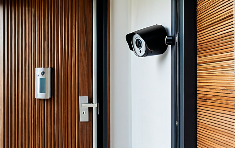 Smart Home Security Setup**

"A modern Thai home's entryway, showcasing a smart lock on the wooden door and a security camera discreetly mounted above, appropriate attire, professional, safe for work, fully clothed, well-lit, natural pose, perfect anatomy, correct proportions, family-friendly, warm and inviting ambiance, professional photography, high quality."

**