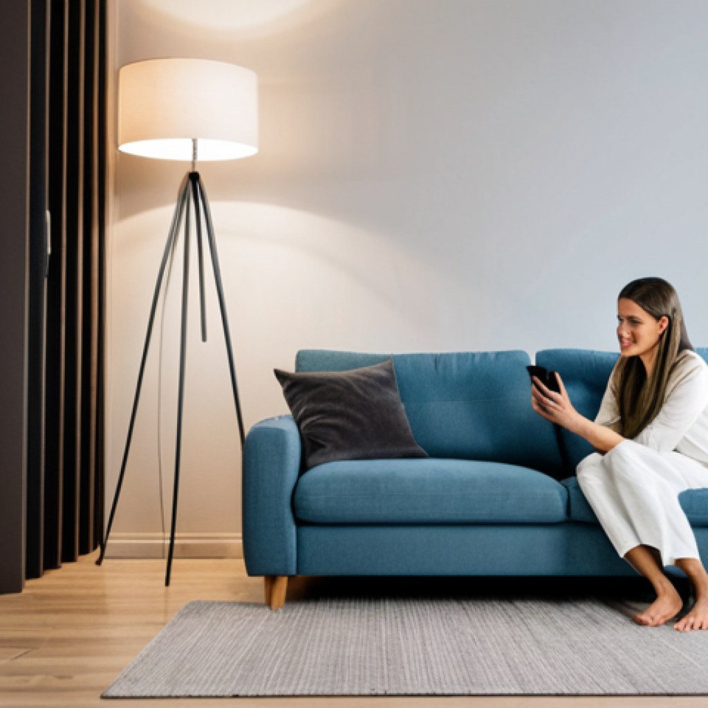 Smart Home Setup**
"A modern living room with smart lighting. A fully clothed woman is adjusting a smart bulb in a floor lamp using her smartphone. In the background, there's a smart security camera and a smart thermostat on the wall. The scene is well-lit and inviting. Safe for work, appropriate content, fully clothed, family-friendly, professional photography, perfect anatomy, natural proportions, modest home decor, demonstrating smart home technology."
**