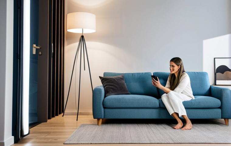 Smart Home Setup**

"A modern living room with smart lighting. A fully clothed woman is adjusting a smart bulb in a floor lamp using her smartphone. In the background, there's a smart security camera and a smart thermostat on the wall. The scene is well-lit and inviting. Safe for work, appropriate content, fully clothed, family-friendly, professional photography, perfect anatomy, natural proportions, modest home decor, demonstrating smart home technology."

**