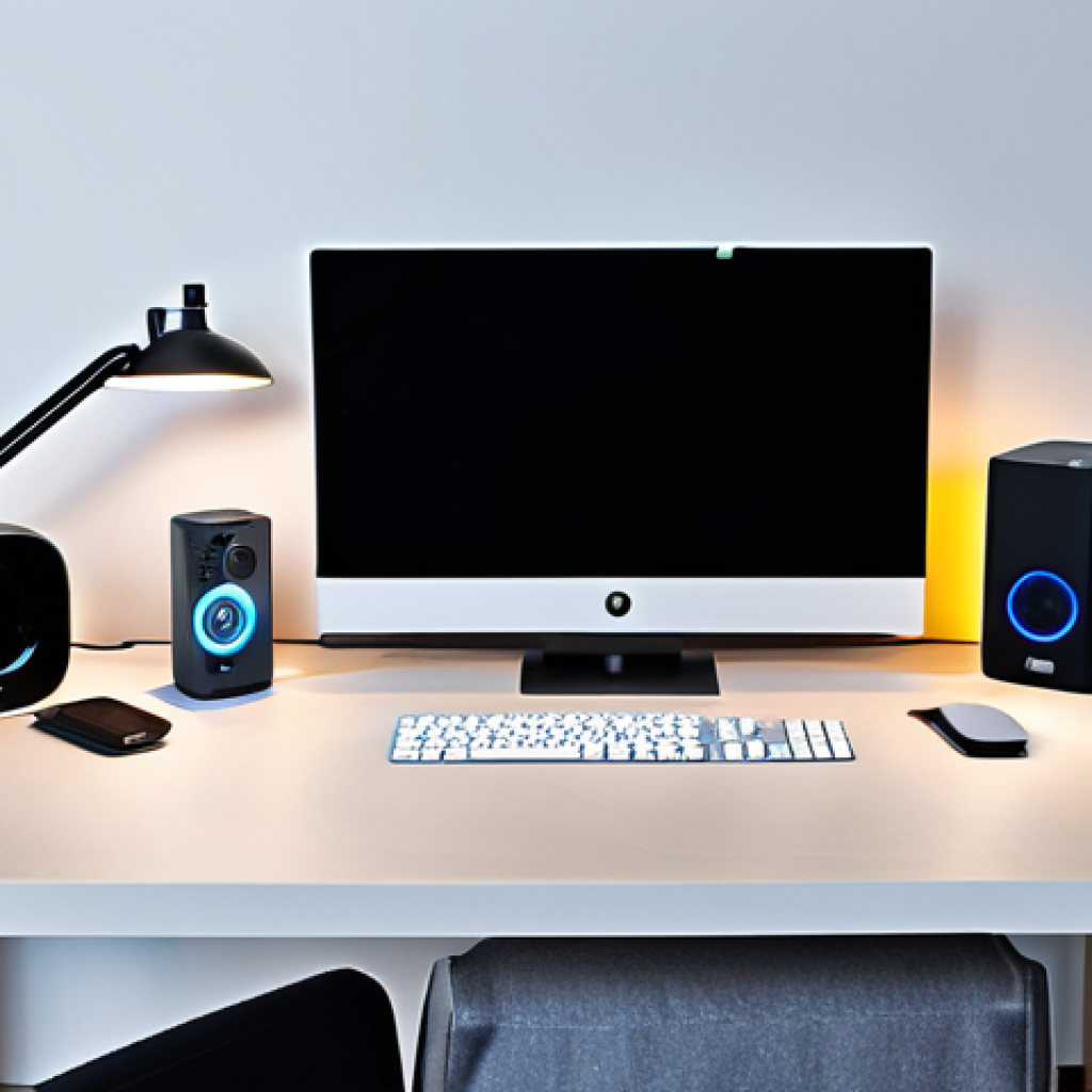Modern Home Network Setup**
"A well-organized home office with a modern Wi-Fi router prominently displayed, surrounded by various IoT devices like smart lights, a security camera, and a smart speaker, all neatly arranged. The scene should depict a clean and efficient workspace, fully clothed, appropriate attire, safe for work, perfect anatomy, natural proportions, professional photography, high quality, modest."
**
