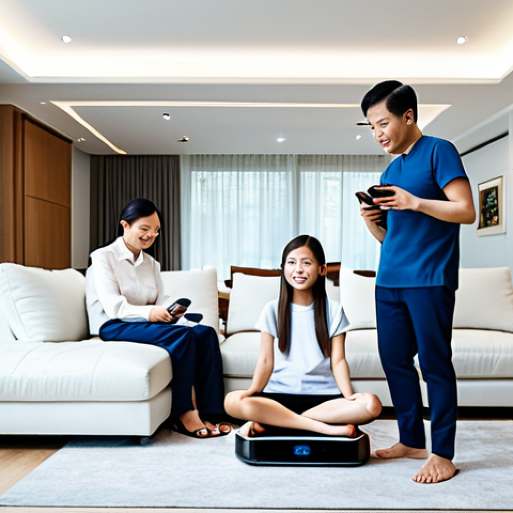 Smart Home Health Focus**
"A fully clothed, modern Thai family in their living room, interacting with smart home health devices like a smart scale and air purifier, appropriate attire, safe for work, perfect anatomy, natural proportions, family-friendly, professional photography, high quality."
**