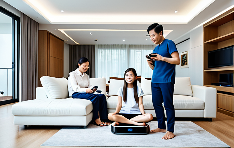 Smart Home Health Focus**

"A fully clothed, modern Thai family in their living room, interacting with smart home health devices like a smart scale and air purifier, appropriate attire, safe for work, perfect anatomy, natural proportions, family-friendly, professional photography, high quality."

**