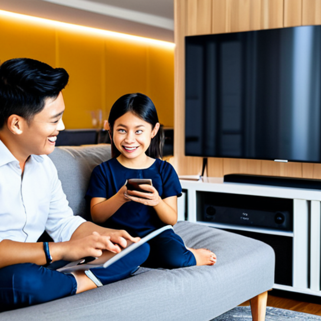 **Prompt:** A modern Thai family in a stylish living room, fully clothed and smiling, interacting with a smart home device (like a smart speaker or a tablet controlling lights). The living room has a modern design with Thai influences, featuring warm lighting and comfortable furniture. "Safe for work," "appropriate content," "fully clothed," "family-friendly," perfect anatomy, correct proportions, natural pose, high-resolution, professional photography.