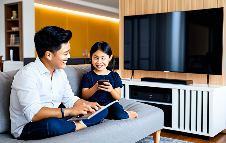 **Prompt:** A modern Thai family in a stylish living room, fully clothed and smiling, interacting with a smart home device (like a smart speaker or a tablet controlling lights). The living room has a modern design with Thai influences, featuring warm lighting and comfortable furniture. "Safe for work," "appropriate content," "fully clothed," "family-friendly," perfect anatomy, correct proportions, natural pose, high-resolution, professional photography.