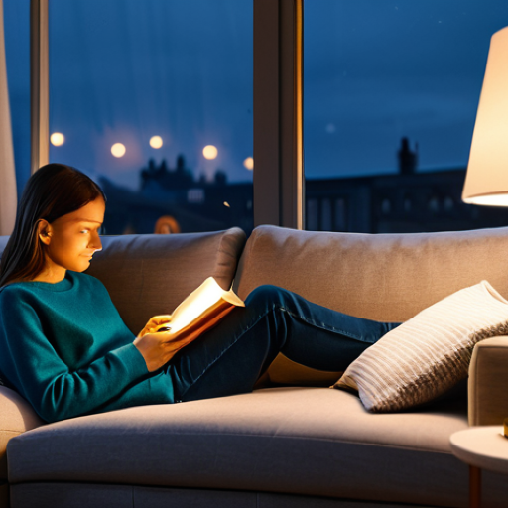 스마트홈 제품의 혁신 사례 분석 - Smart Bulb Ambience**
"A cozy living room at dusk, illuminated by a warm, adjustable smart bulb in ...
