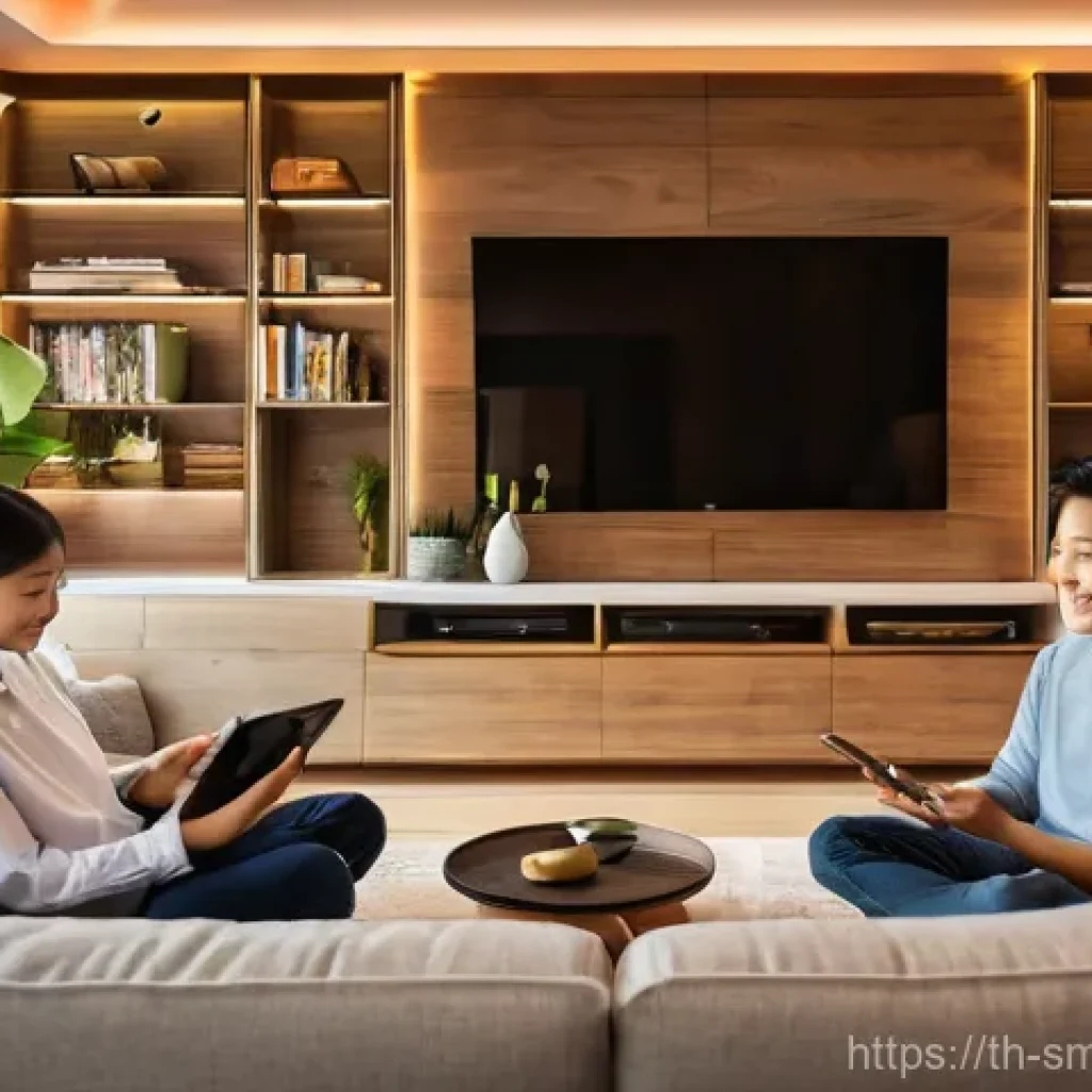 스마트홈 시스템과 홈 네트워킹 기초 - **Prompt:** "A warm and inviting living room in a modern Thai smart home. The room is filled with so...