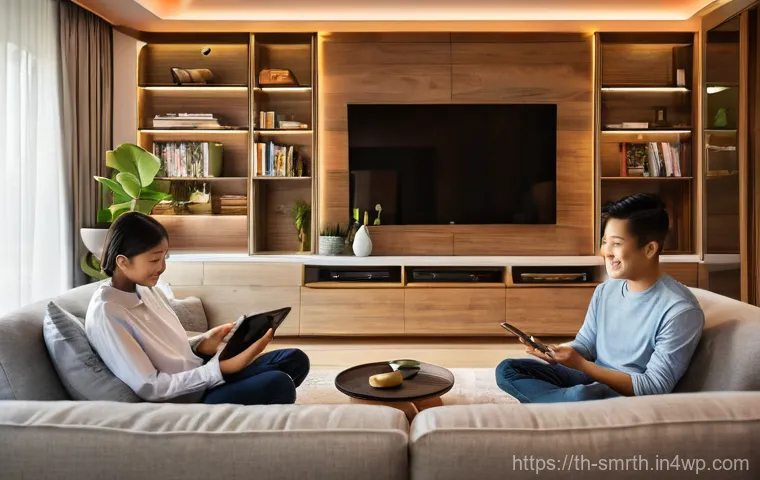 스마트홈 시스템과 홈 네트워킹 기초 - **Prompt:** "A warm and inviting living room in a modern Thai smart home. The room is filled with so...
