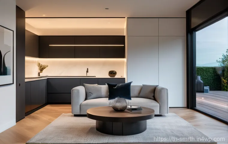 스마트홈 보안 시스템의 최신 기술 - **"A modern, brightly lit living room with a family (a mother, a father, and a child around 7-8 year...