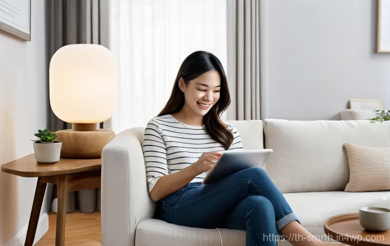 스마트홈 기기의 통합 관리 방법 - **Prompt 1: Central Control and Modern Living**
    A wide shot of a contemporary Thai living room b...