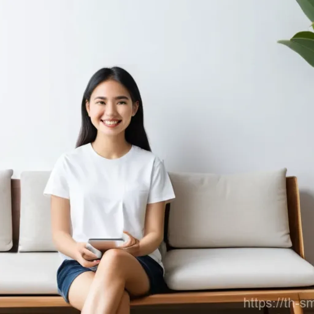 스마트홈 기기의 설치 방법 및 절차 - **Prompt:** A young Thai woman, approximately 28 years old, is relaxing comfortably on a minimalist ...