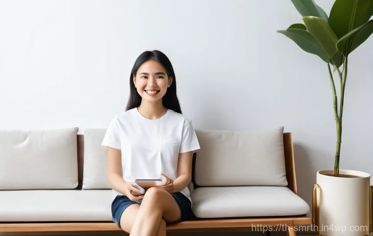 스마트홈 기기의 설치 방법 및 절차 - **Prompt:** A young Thai woman, approximately 28 years old, is relaxing comfortably on a minimalist ...