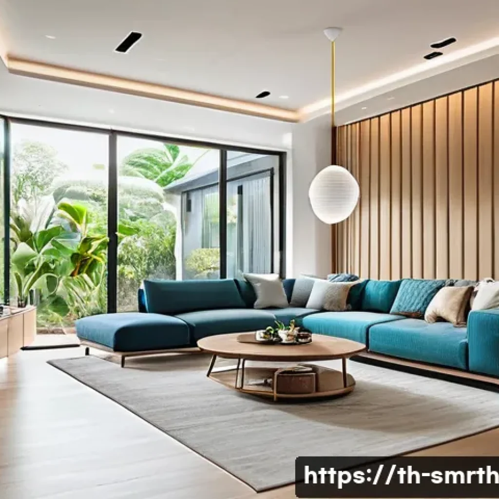 스마트홈 기술의 혁신적 발전 - A modern smart home interior showcasing seamless integration of multiple smart devices: a smartphone...