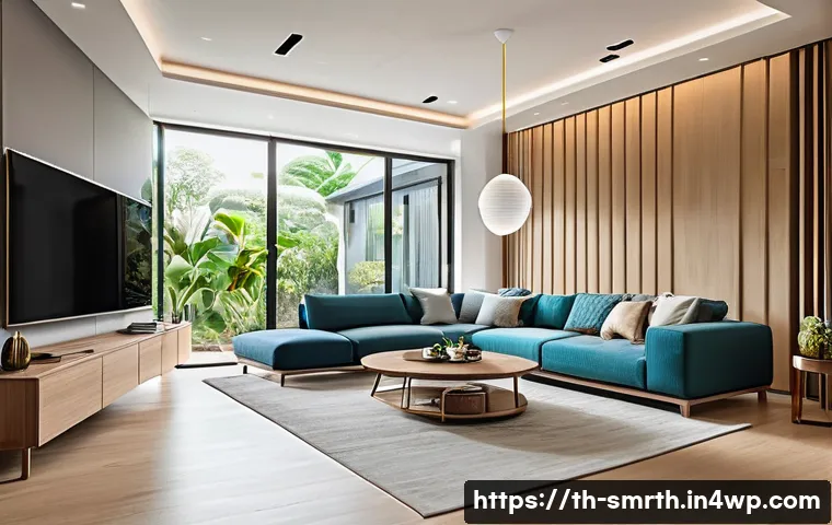 스마트홈 기술의 혁신적 발전 - A modern smart home interior showcasing seamless integration of multiple smart devices: a smartphone...
