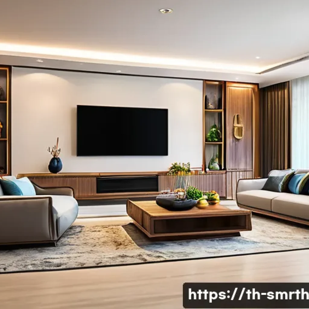 스마트홈 제품 추천 가성비 제품 - A modern Thai smart home living room featuring seamless integration of Wi-Fi 5G and Bluetooth