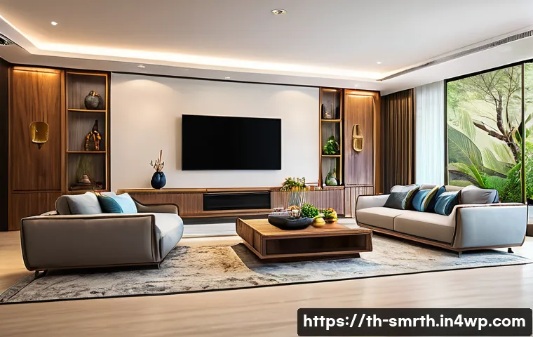 스마트홈 제품 추천  가성비 제품 - A modern Thai smart home living room featuring seamless integration of Wi-Fi 5G and Bluetooth