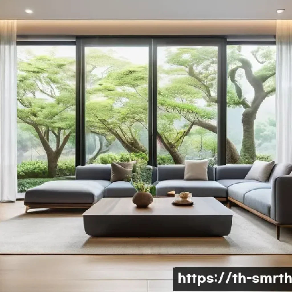 스마트홈 제품 리뷰 및 비교 - A modern Thai smart home interior showcasing a sleek living room with smart lighting controlled via ...