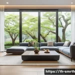 Home 22 스마트홈 제품 리뷰 및 비교 - A modern Thai smart home interior showcasing a sleek living room with smart lighting controlled via ...