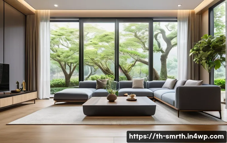 스마트홈 제품 리뷰 및 비교 - A modern Thai smart home interior showcasing a sleek living room with smart lighting controlled via ...