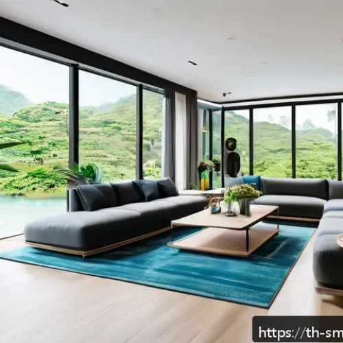Home 32 스마트홈 시스템의 미래 전망 - A modern Thai smart home interior featuring multiple 5G-connected smart devices, including high-reso...