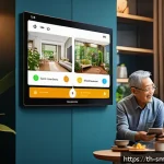Home 19 스마트홈 시스템의 고객 경험 최적화 - A modern Thai smart home interior scene showing an elderly Thai couple comfortably using a large tou...