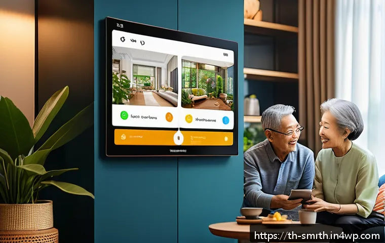 스마트홈 시스템의 고객 경험 최적화 - A modern Thai smart home interior scene showing an elderly Thai couple comfortably using a large tou...
