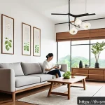 Home 18 스마트홈 제품의 환경적 영향 - A modern Thai smart home interior showcasing energy-efficient smart devices: sleek smart speakers, a...