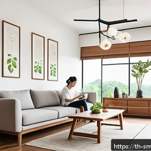 Home 30 스마트홈 제품의 환경적 영향 - A modern Thai smart home interior showcasing energy-efficient smart devices: sleek smart speakers, a...