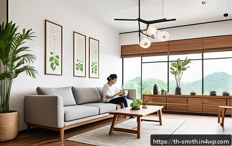 스마트홈 제품의 환경적 영향 - A modern Thai smart home interior showcasing energy-efficient smart devices: sleek smart speakers, a...