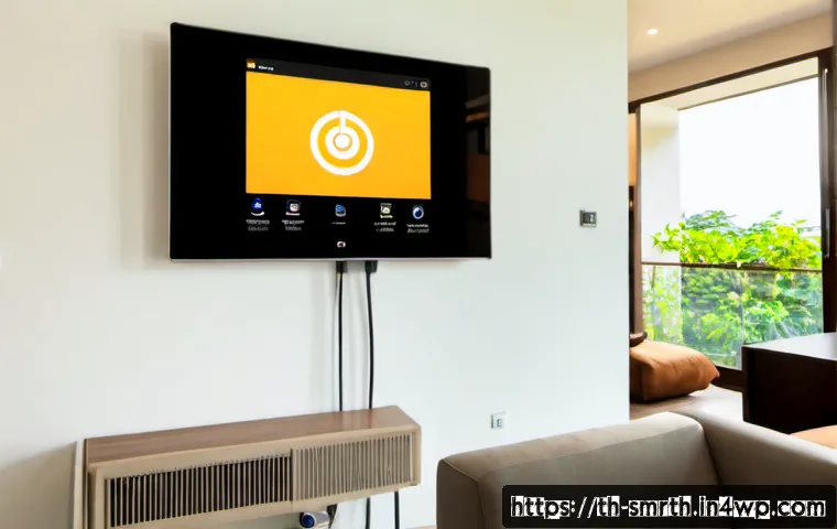 Home 29 스마트홈 제품의 에너지 효율성 평가 - Photorealistic modern Thai condominium living room in Bangkok, a smart energy monitor tablet with bl...