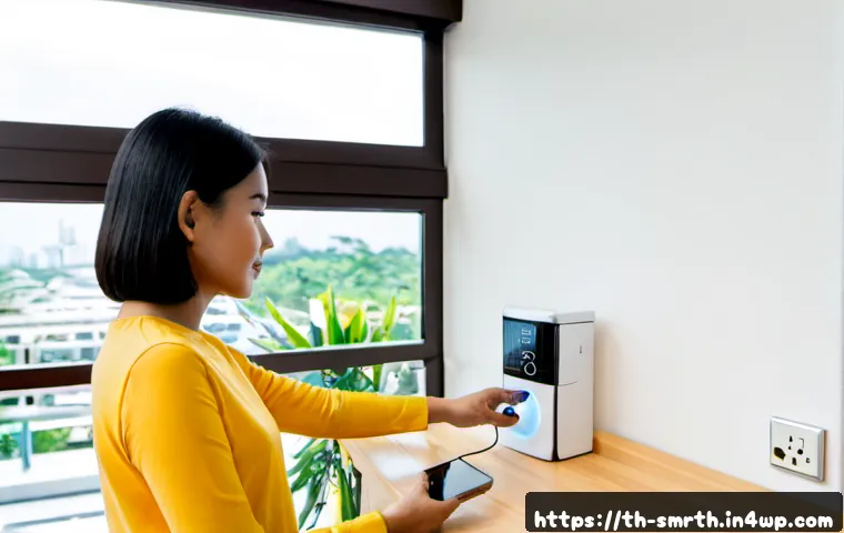 스마트홈 제품의 신뢰성 및 품질 평가 - Photorealistic Thai household smart home reliability test, a Thai middle-aged woman in a bright mode...