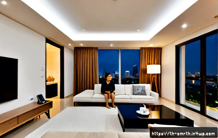 Home 17 스마트홈 시스템에서의 가상 비서 활용하기 - Photorealistic modern Bangkok condominium living room, a Thai family using a discreet voice-controll...