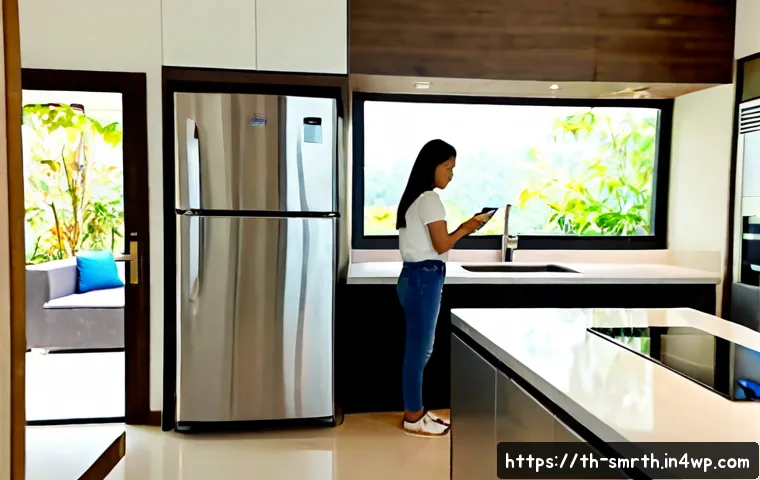 Home 17 스마트 가전제품의 종류 및 특징 - Photorealistic modern Thai family kitchen featuring a smart refrigerator, voice-controlled counterto...