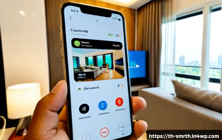 스마트홈 시스템의 세부 설정 방법 - Photorealistic modern Bangkok condominium living room, Thai adult homeowner using a smartphone with ...